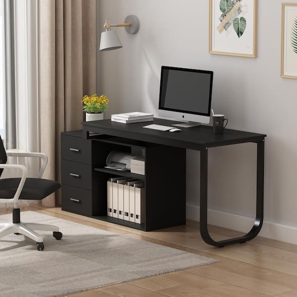 Lagom Wooden Home Office Computer Desk with Drawers and Keyboard Tray, Black