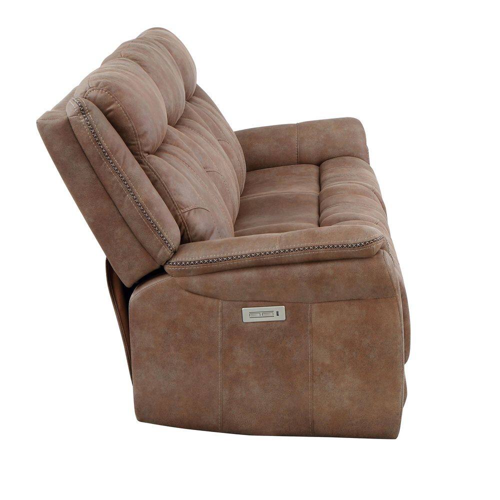 Camel Faux-Suede Power Reclining Sofa with Nailhead Trim
