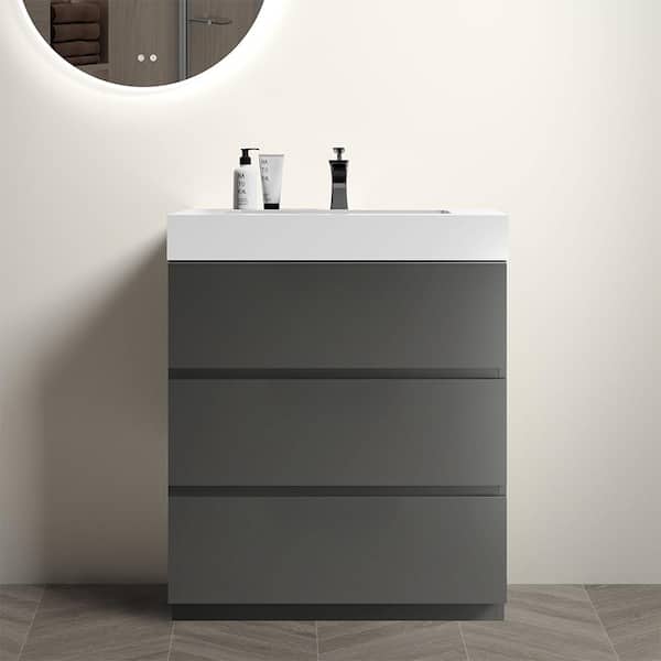 MYCASS 30 in. W x 18.1 in. D x 37 in. H Freestanding Bath Vanity in Space Grey with Single White Sink Solid Surface Top