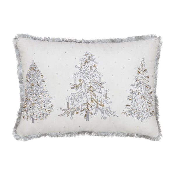 14 x 20 White Christmas Silver and Gold Embroidered Pillow with Beads