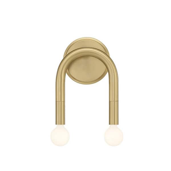 Savoy House Meridian 6.25 in. W x 9.25 in. H 2-Light Natural Brass Wall Sconce with Curved Arms and Exposed Bulbs