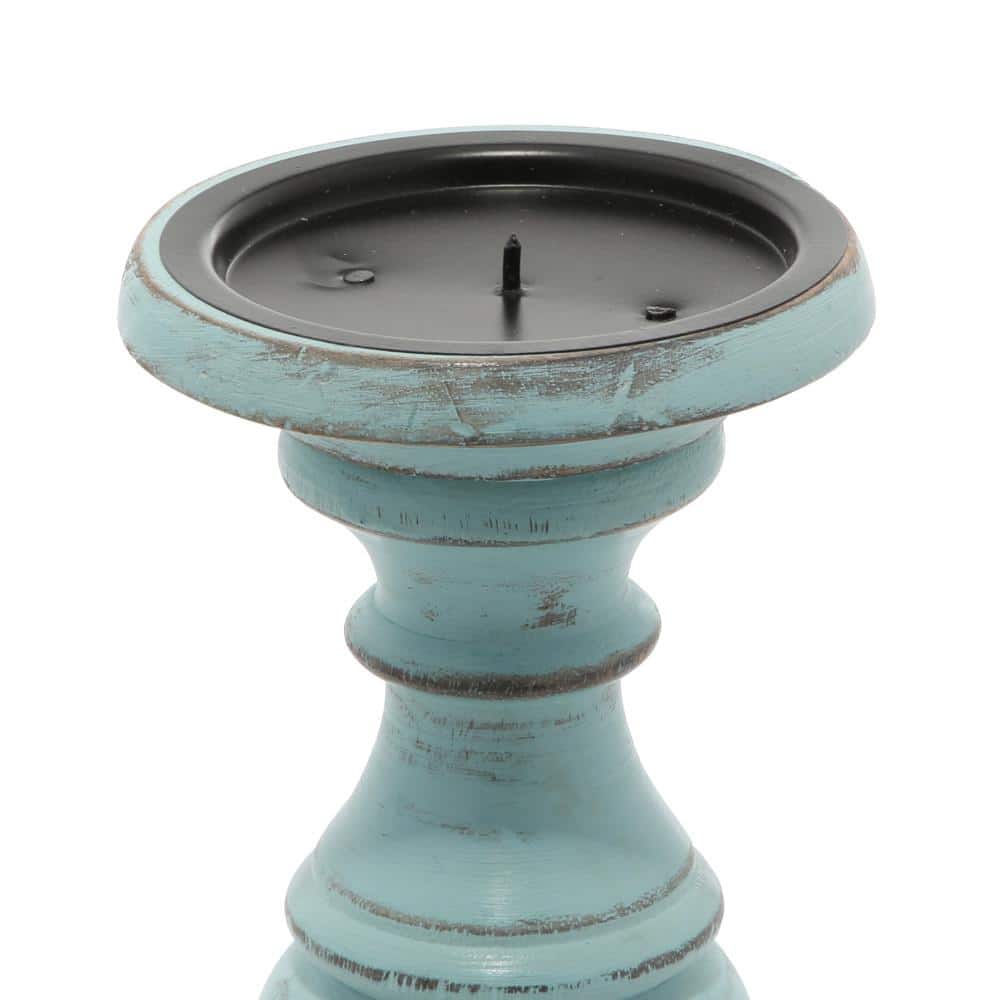 Light Blue Mango Wood Pillar Candle Holder Set, 6", 8", 10"