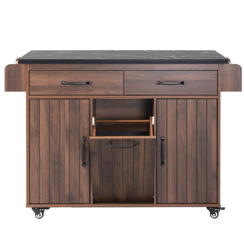 Walnut Brown Outdoor Kitchen IslandStorage Islandwith Drop Leaf, Trash Can 