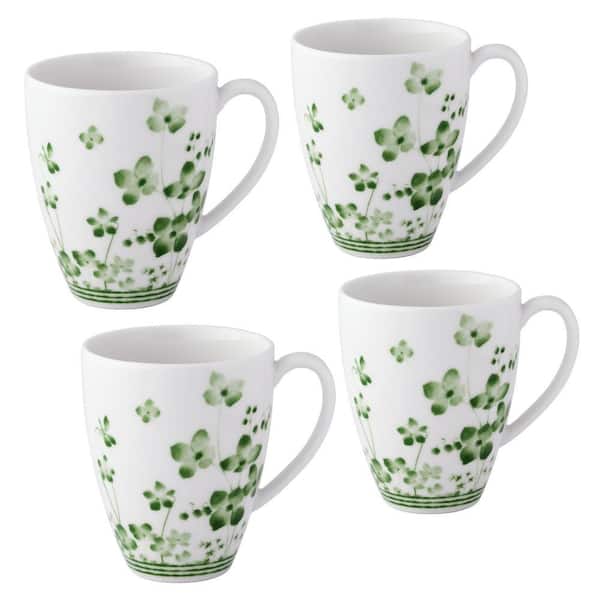 Bloomington Road 16 fl. oz. (White and Green) Porcelain Mugs, (Set of 4)