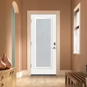 36 in. x 80 in. Right-Hand Full Lite Blanca Decorative Glass White Painted Fiberglass Prehung Front Door w/Brickmould