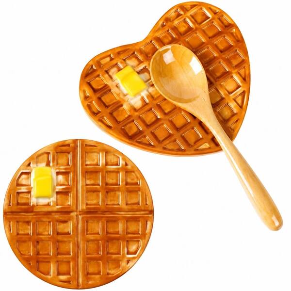 Yellow Ceramic Waffle Spoon Rest Set of 2 Round and Heart Shaped Kitchen Counter Trivets & Spoon Rests