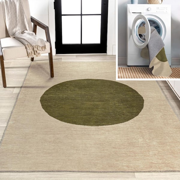 Cirkel Minimalist Geometric Dot Machine-Washable Cream/Olive 4 ft. x 6 ft. Area Rug