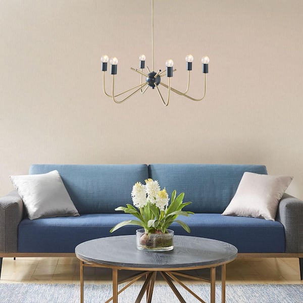 Modern 6-Light Brass with Clean-Line Rods Minimalist Round Chandelier for Dining Room