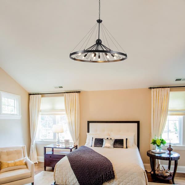 9 Light Matte Black Modern Farmhouse Wagon Wheel Chandelier for Living Room Bedroom No Bulbs Included