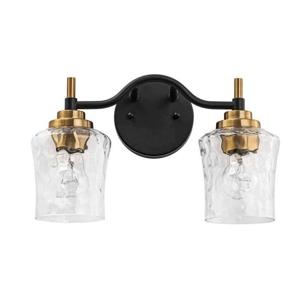 9.45 in. 2-Light Modern Matte Black and Gold Linear Vanity Light with Water Ripple Glass Shades, Bathroom Wall Sconce price history on PriceWatchPro