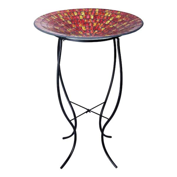 Alpine 18 in. Red and Gold Mosaic Glass Birdbath with Metal Stand