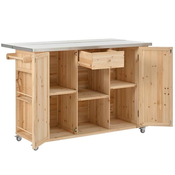 Natural Fir Wood Outdoor Bar, Kitchen Island with Ample Storage Space, Towel and Spice Racks and a Bottle Opener