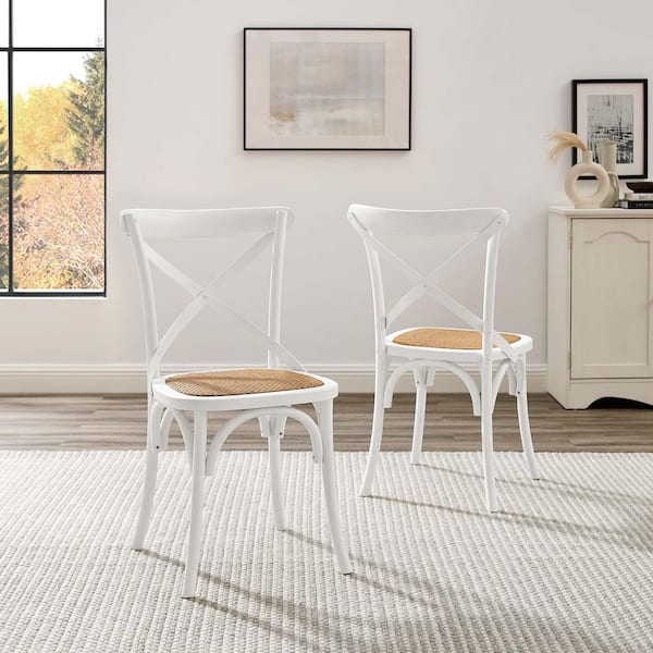 MODWAY Gear Rustic Modern Farmhouse Elm Wood Rattan 2-Dining Chairs in White