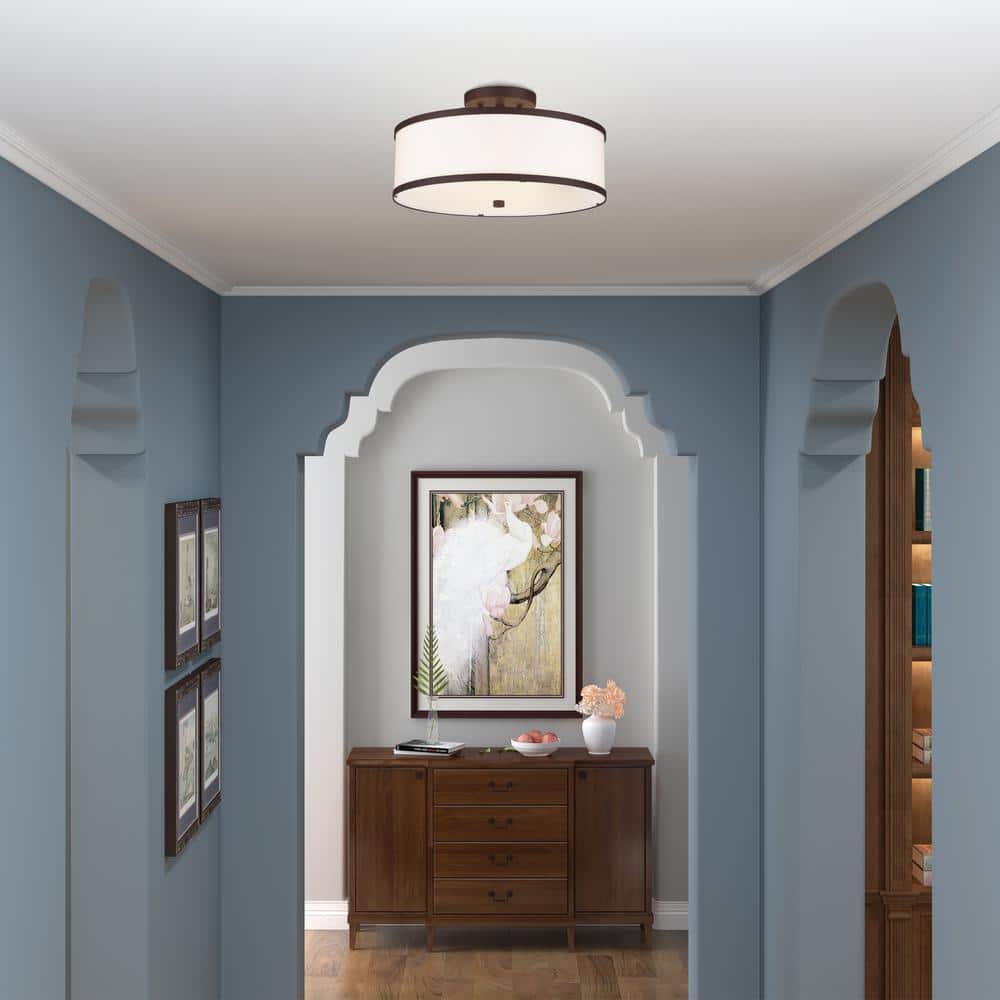 Bronze Drum 3-Light Semi-Flush Mount with Off-White Fabric Shade