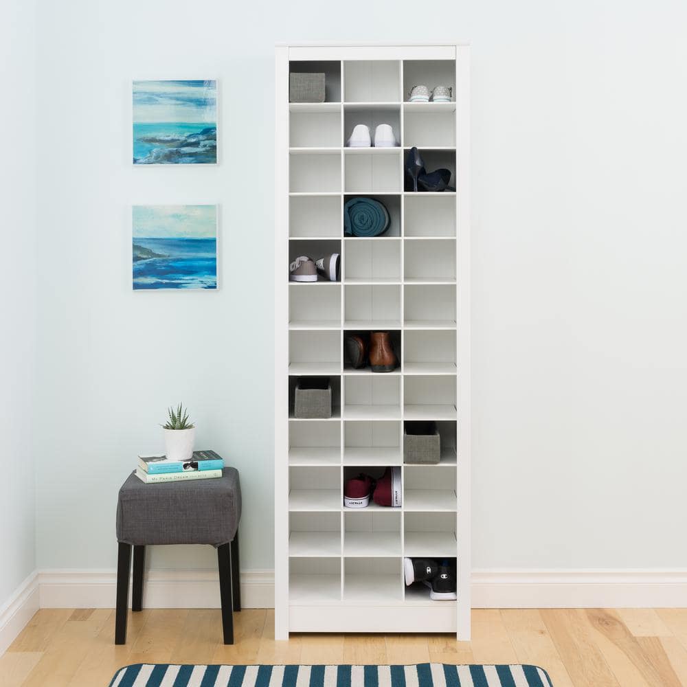 Tall Off-White Composite Wood Shoe Storage Cabinet with 36 Cubbies