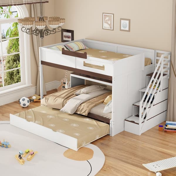 White Wood Twin Over Full Bunk Bed with Twin Size Trundle and Staircase