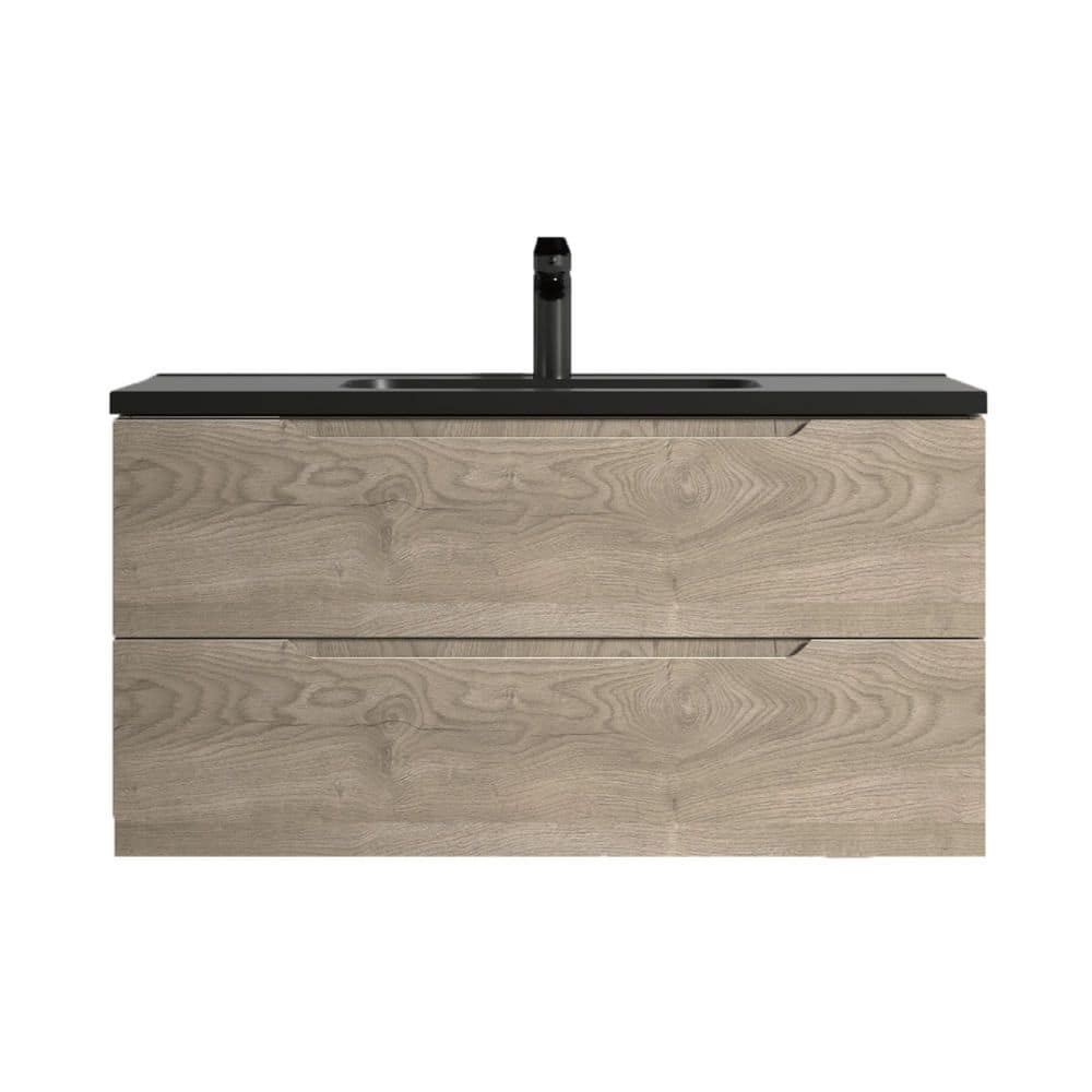 Combo 36 in. Single Evita Oak Bath Vanity Wall-mounted Floating Vanities with Matte Black Resin Stone Top 2-Drawers price history on PriceWatchPro