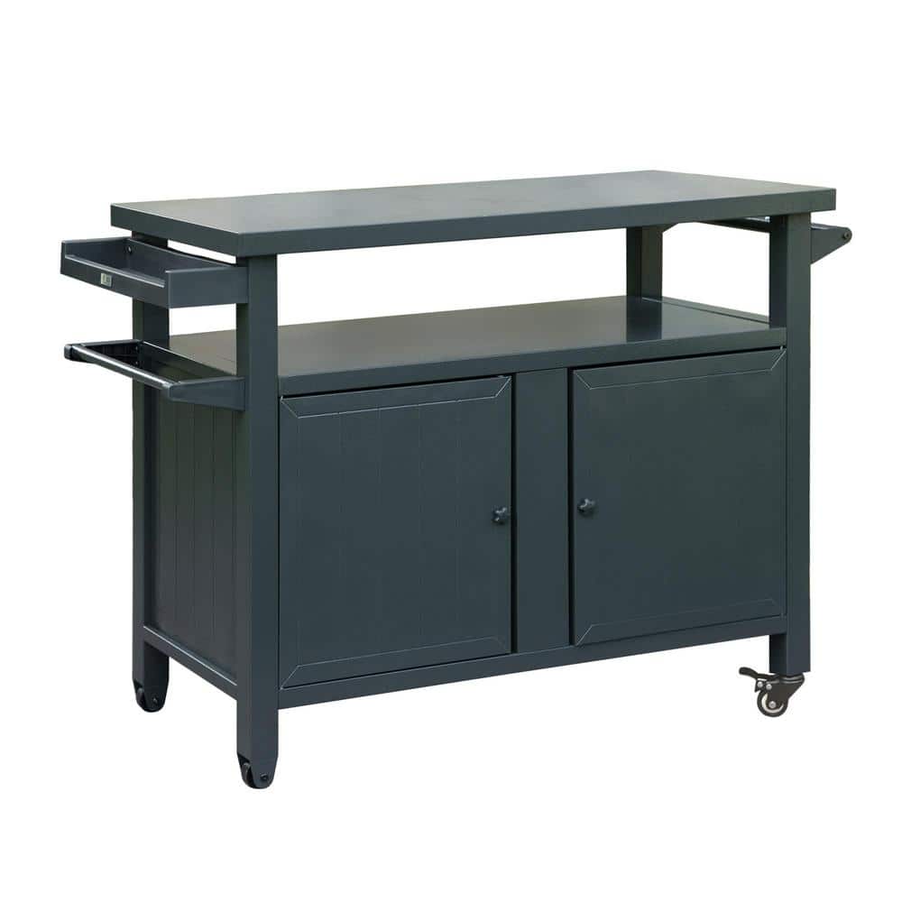 Grey Outdoor Grill Carts Storage Cabinet with Wheels, Metal Outdoor Grill T