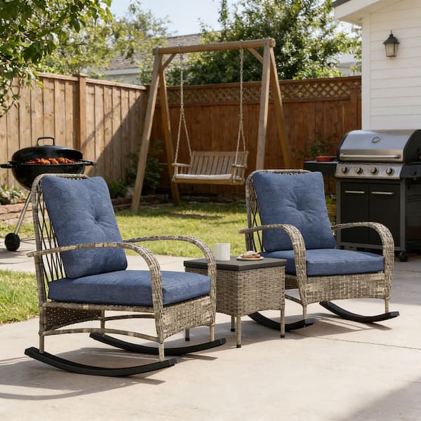 ꙳★*゜♻️ PATIO ꙳★*゜ Gray 3-Piece All-Weather Wicker Outdoor Bistro Set Patio Rocking