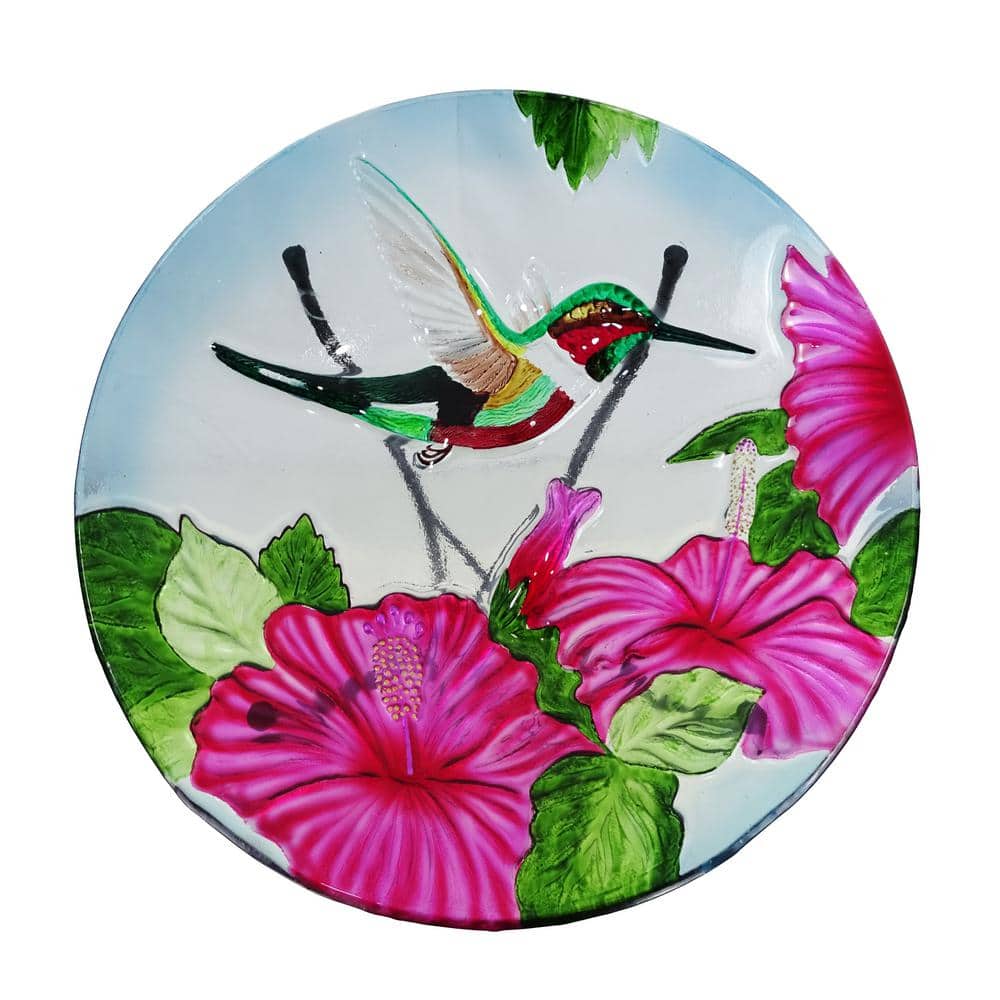 18" Multicolor Glass Birdbath with Metal Stand and Hummingbird Design
