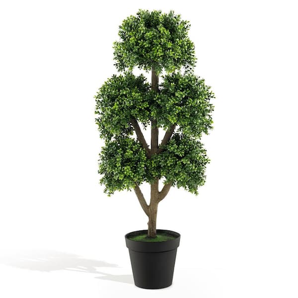 Gymax 45 Inch Green Artificial Boxwood Topiary Ball Tree Fake 5 Ball Topiary Tree for Home