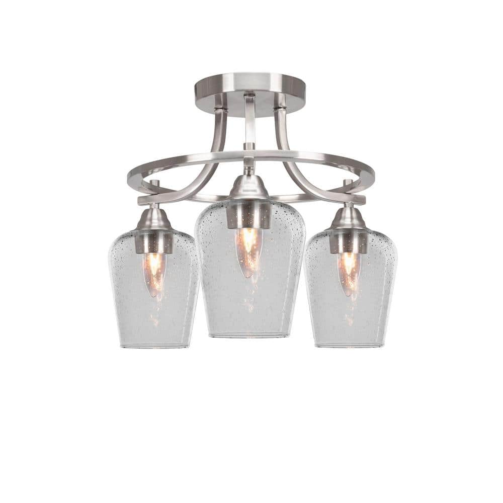 Madison 15.25 in. 3-Light Brushed Nickel Semi-Flush Mount with Clear Bubble
