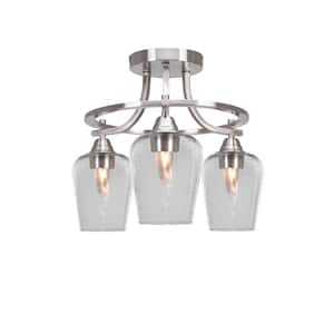 Madison 15.25 in. 3-Light Brushed Nickel Semi-Flush Mount with Clear Bubble Glass Shade