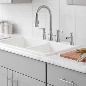 Selma Double Handle Pull-Down Sprayer Bridge Kitchen Faucet with Soap Dispenser in Stainless Steel