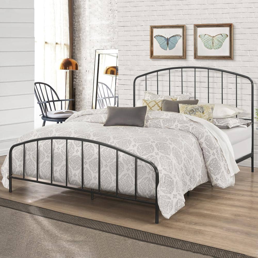 Sleek Satin Black Queen Metal Bed with Arched Spindle Headboard