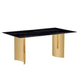 Black/Gold Imitation Marble Glass Sticker Top 71 in. Double Pedestal Dining Table Seats for 6