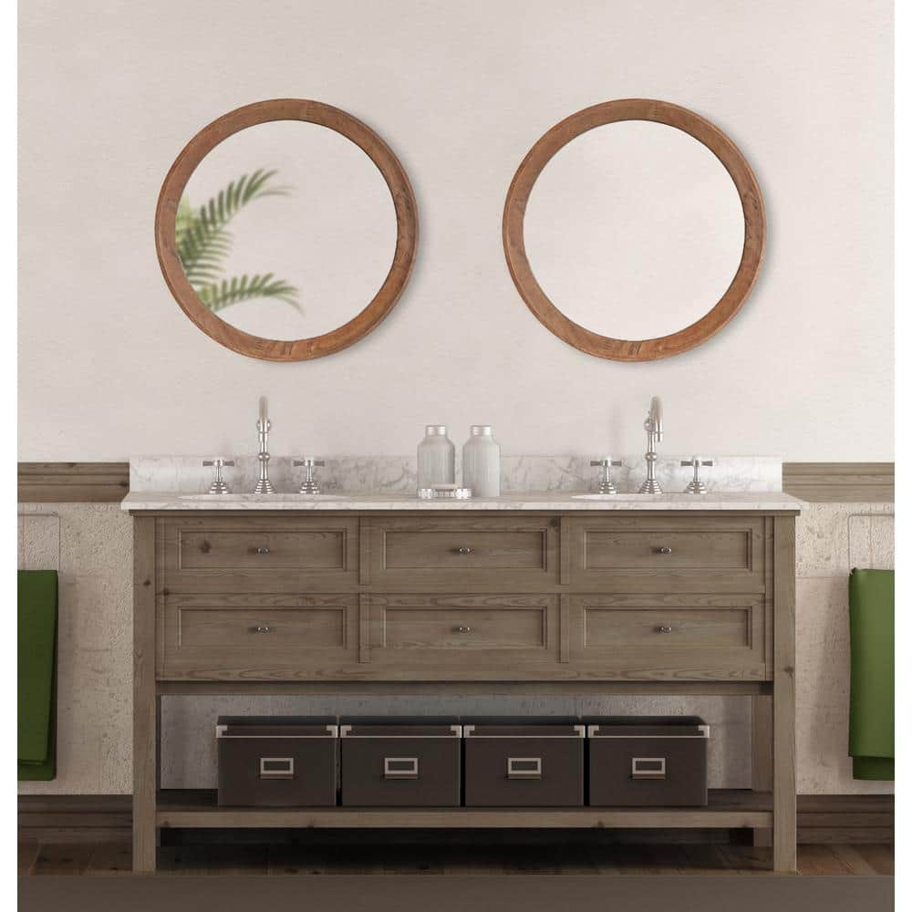 24-Inch Round Brown Wood Framed Vanity Mirror