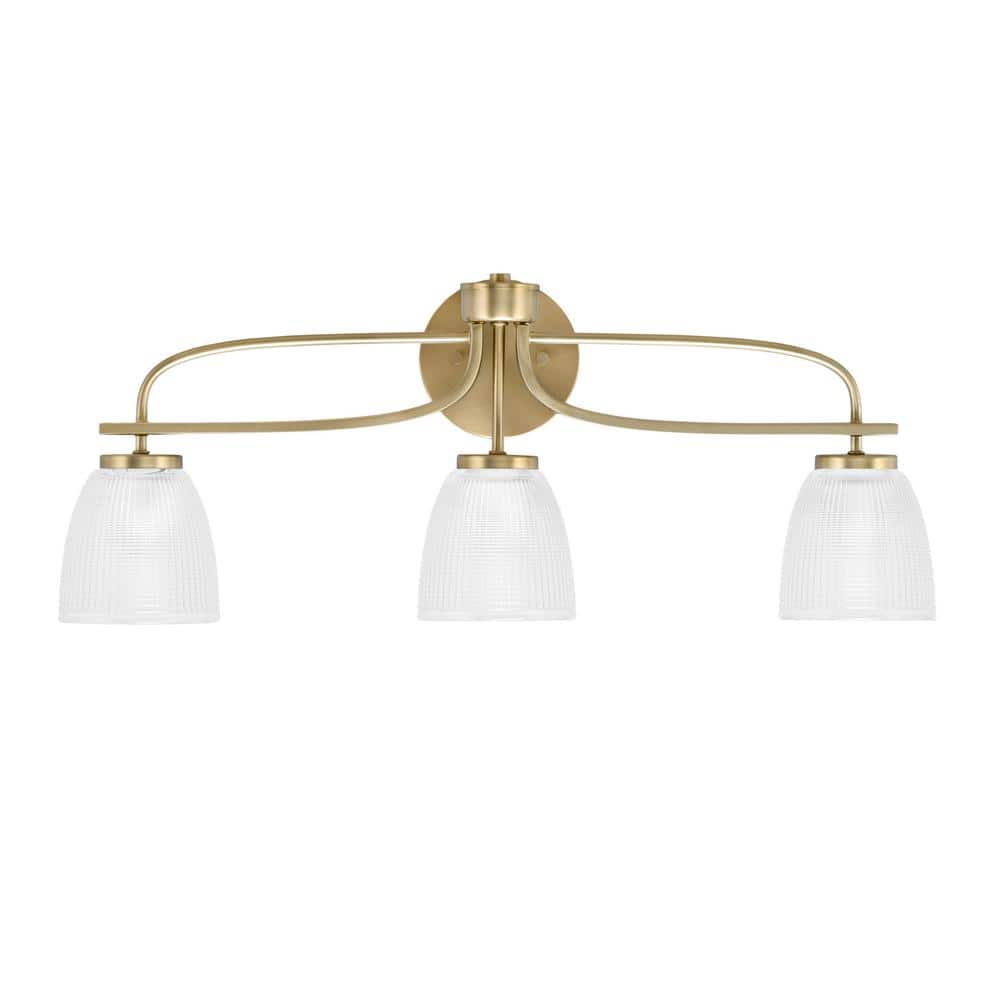 Olympia 26.5 in. 3-Light New Age Brass Vanity Light  Clear Ribbed Glass Sha