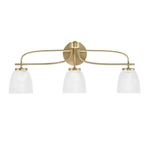 Olympia 26.5 in. 3-Light New Age Brass Vanity Light  Clear Ribbed Glass Shade