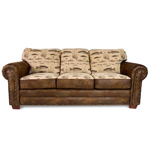 Angler's Cove 88 in. Tapestry Pattern Faux Leather 3-Seater English Rolled Arm Sofa with Removable Cushions
