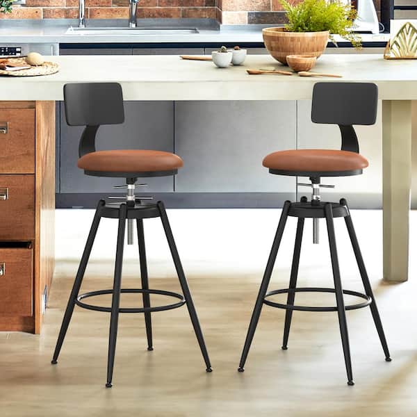 LUE BONA 26 in. to 38 in. Leonardo Adjustable Height Caramel Brown Faux Leather Cushion Metal Leg Swivel Bar Stool (2-Pack)