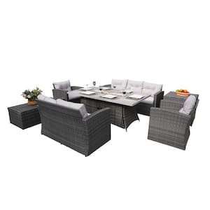 Lois Wicker/Rattan 7-Person Fire Pit Conversation Seating Group with Cushions-Gray