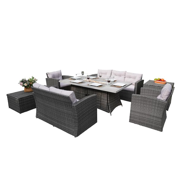 moda furnishings Lois Wicker/Rattan 7-Person Fire Pit Conversation Seating Group with Cushions-Gray
