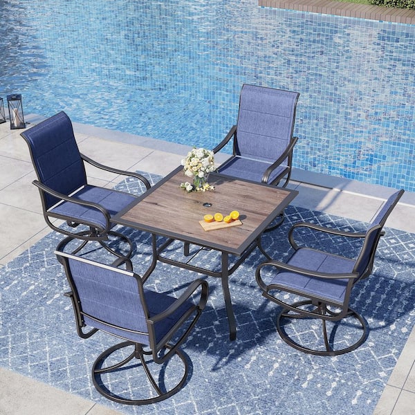 Black 5-Piece Metal Outdoor Dining Set with Square Patio Table and Swivel Padded Blue Textilene Outdoor Dining Chair
