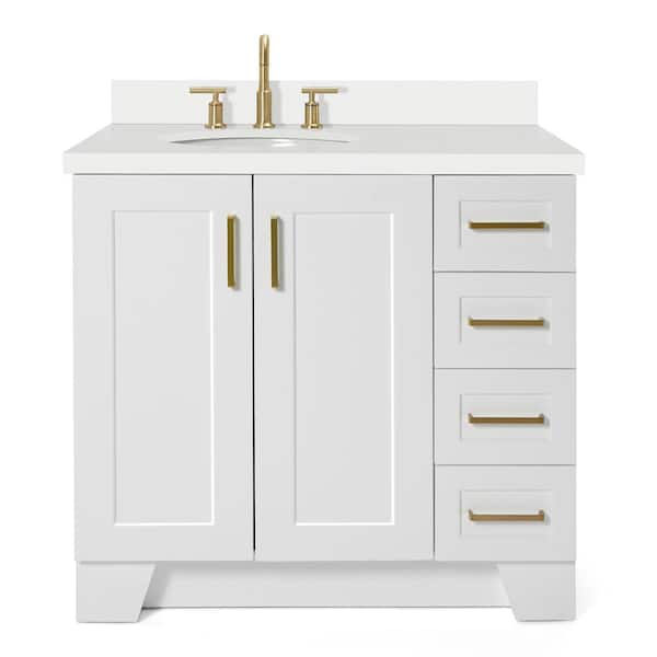 Taylor 37 in. W x 22 in. D x 36 in. H Freestanding Bath Vanity in White with Pure White Quartz Top