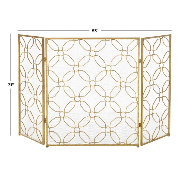 Gold Metal Geometric Foldable Mesh Netting 3 Panel Fireplace Screen