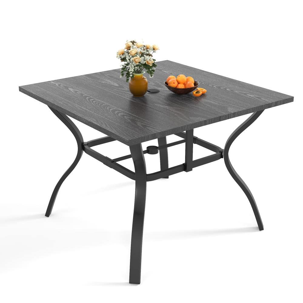 Black 37.8 Inch Square Sturdy Steel Frame Rust Resistant Vintage Wood Grain Patio Table with Umbrella Hole price history on PriceWatchPro