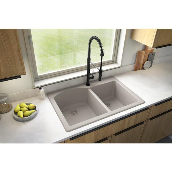 Karran Drop-In Quartz Composite 33 in. 1-Hole 60/40 Double Bowl Kitchen Sink in Concrete
