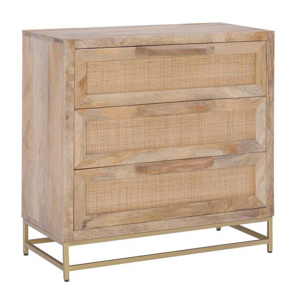 Linon Home Decor Casper Natural Rattan with Three Drawers and Gold Legs HD221823 The