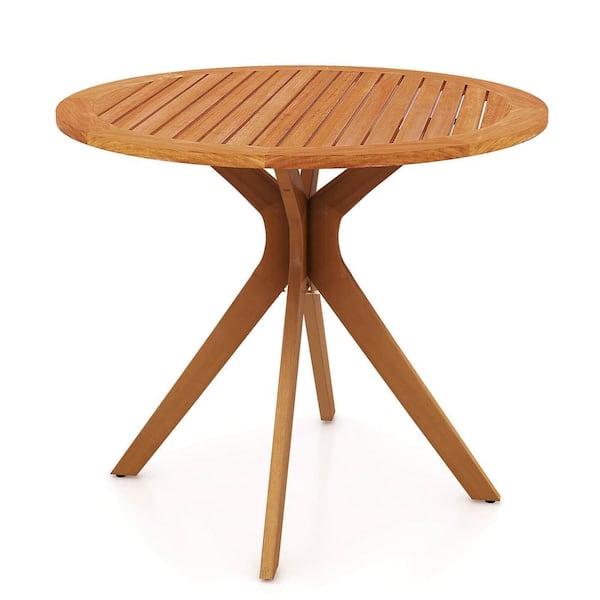 Costway Wood Round 35.5 in. Outdoor Dining Table with Slatted Tabletop & Curved Legs for Backyard