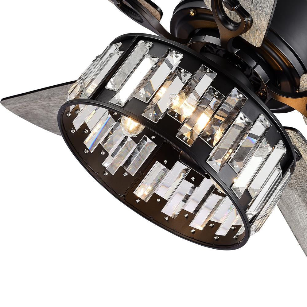 52" Black Crystal Chandelier Ceiling Fan with Remote and Reversible Blades