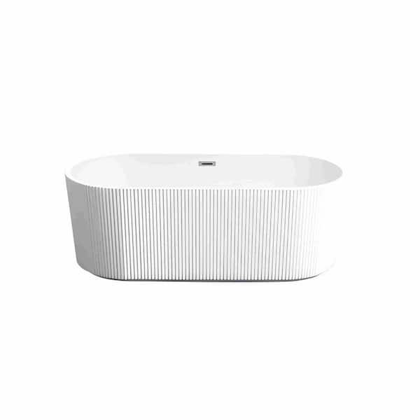 59 in. x 31 in. Oval Acrylic Freestanding Soaking Bathtub with Center Drain in Gloss White.