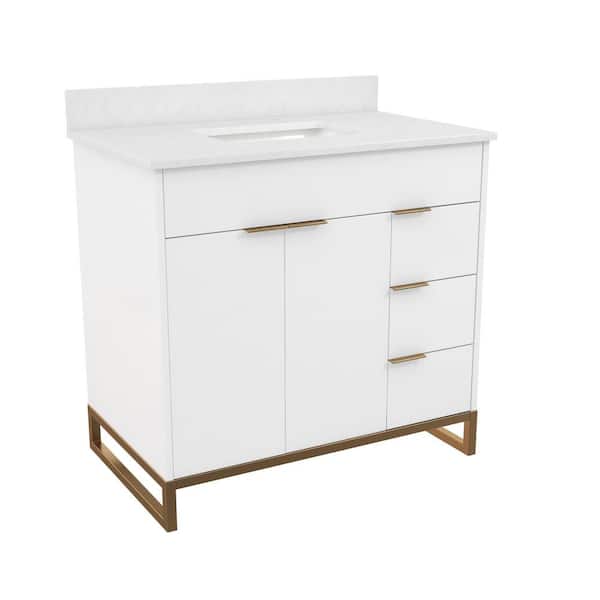 COSMO LIVING Leona 36 in. W x 22 in. D x 38 in. H Single Sink Bath Vanity in White with White Engineered Stone Composite Top