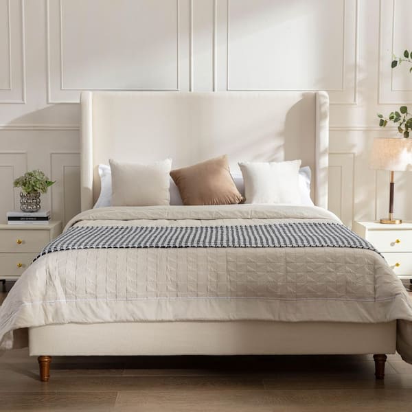 Harper Modern Ivory White Boucle Fabric Upholstered Wood Frame California King Platform Bed with Wingback Tall Headboard
