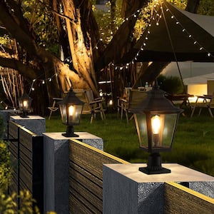 1-Light Black Aluminum Non Motion Sensing Hardwired Outdoor Weather Resistant Post Light Set with No Bulbs Included