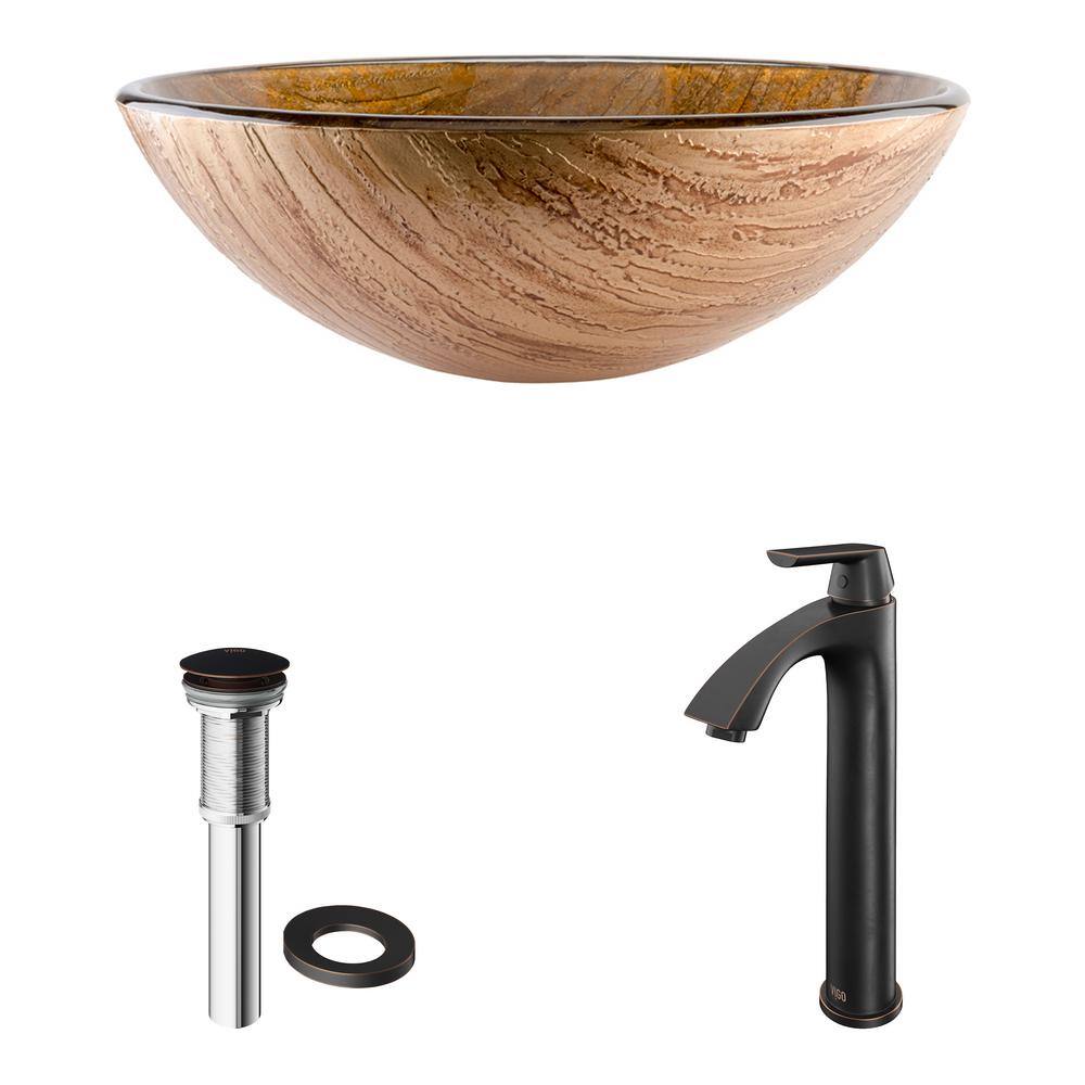 Amber Sunset Round Glass Vessel Sink with Bronze Faucet